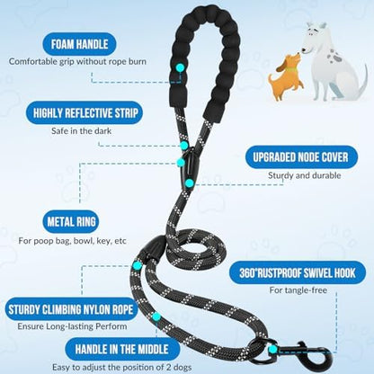 AUTOWT Double Leash for Two Dogs, No Tangle 360° Swivel Dual Dog Leashes with 4 Handles, Super Lightweight for Puppy, Reflective Adjustable Strap and Shock Absorbing Bungee - Image 3