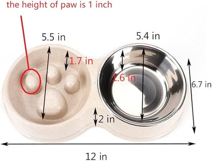 Slow Feeder Dog cat Double Bowl Stainless Steel and Anti-Choking White