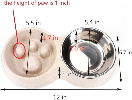 Slow Feeder Dog cat Double Bowl Stainless Steel and Anti-Choking White