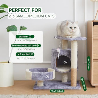 Cat Tree with Condo, Perch, and Scratching Posts, Gray and Beige, Multi-Level Tower with Hanging Toy - Image 2