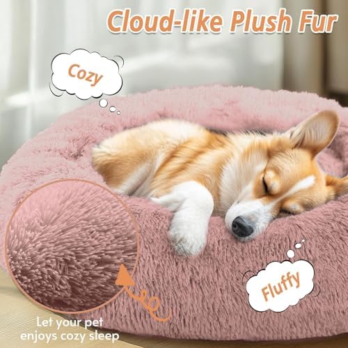 JOLLYVOGUE Calming Dog Beds Large Sized Dog, 36in Donut Washable Large Pet Bed, Anti-Slip & Anti-Anxiety Fluffy Faux Fur Round Dogs Bed, Fits up to 80 lbs Pets (Dark Pink) - Image 2