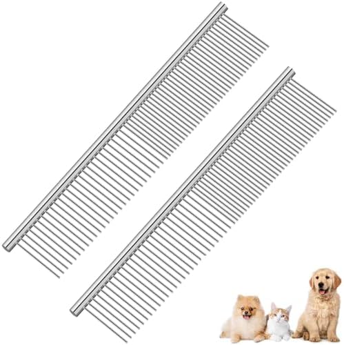 2 Pack Dog Grooming Comb Pet, Stainless Steel Cat Combs with Rounded Teeth, Professional Metal Tear Stain Remover, Dematting Tool for Small, Medium & Large Pets-7.5in by Brillirare