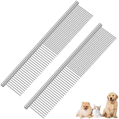 2 Pack Dog Grooming Comb Pet, Stainless Steel Cat Combs with Rounded Teeth, Professional Metal Tear Stain Remover, Dematting Tool for Small, Medium & Large Pets-7.5in by Brillirare