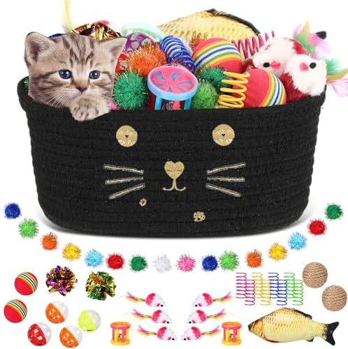 Zopeal 58 Pcs Cat Toy Set with Storage Basket Indoor, Black, 9.8 Inch by Zopeal