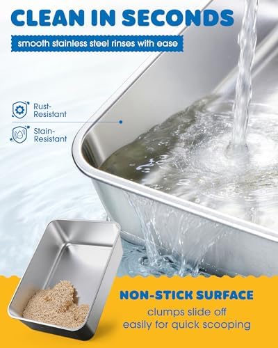 Powools Stainless Steel Cat Litter Box, High-Sided, Grey, M (2 Pack) - Image 3