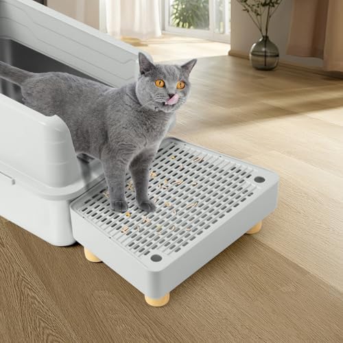 Extra Large Cat Litter Box Step Ramp, Cat's Litter Catcher Mat with Wooden Feet, Filter Function, Pedal Stool for Self-Cleaning Cat Litter Box, Ideal for Kitten & Elderly Cats (Light Grey) - Image 7