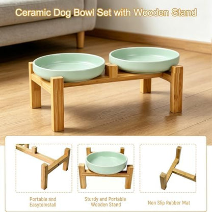Shallow Elevated Cat Bowls with Bamboo Stand, 6.1 Inch Wide Ceramic Cat Dish Whisker Friendly, 2 Pack Pet Food and Water Plates - Image 4