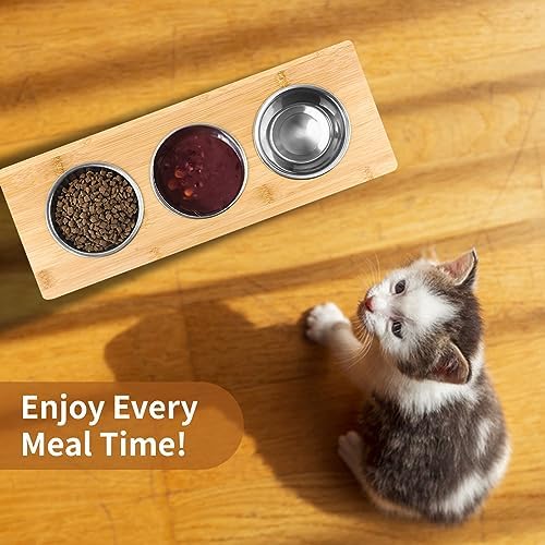 Elevated Cat Bowls, Raised Cat Food Bowls, 15°Tilted Stainless Steel Cat Bowls for Indoor Cats, Anti Vomit, Bamboo, Stand with 3 Feeder Bowls for Cats and Puppy - Image 6