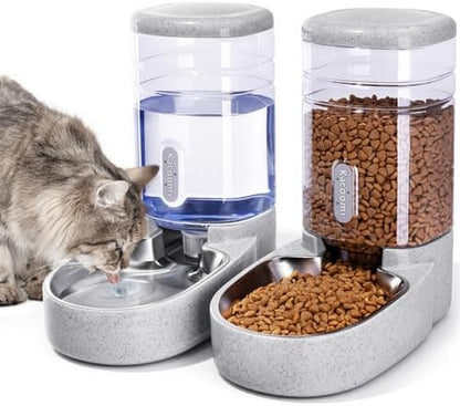 Automatic Cat Feeder and Water Dispenser with Stainless Steel Bowl Gravity Food Feeder and Waterer Set for Small Medium Dog Puppy Kitten 1 Gallon x 2(Grey) by Kacoomi