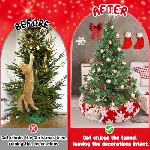 Cat Tunnel Christmas Tree Skirt for 5-7.5ft Trees - Prevent Christmas Tree Falling, Snowflake Patterns Warm Soft Cat Tube Bed with Anti-Slip Mat - Image 3