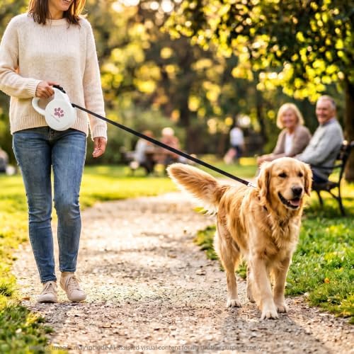 Retractable Dog Leash, 16ft Heavy Duty Nylon Tape for Medium Dogs up to 44 lbs, One-Hand Brake & Lock, Tangle-Free, Ergonomic 3" Large Handle, Lightweight White M GC-DAN - Image 5
