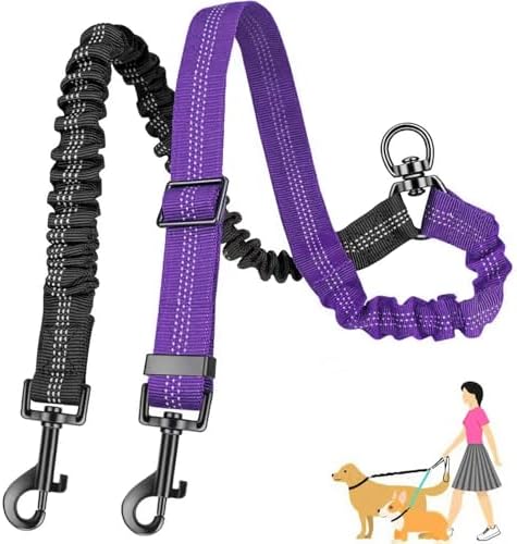 Double Leash for Two Dogs, 2-in-1 No Tangle Design with Bungee Shock Absorber & Adjustable Strap for Walking, Running, Training (Purple) by AKEISHE