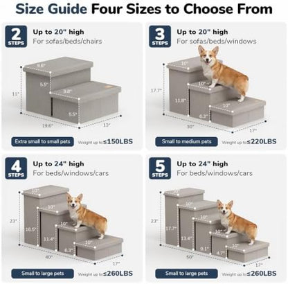 2-Step Wide Dog Stairs with Storage 11" H, Non-Slip Sturdy Pet Steps for Couch Chair, Dog Steps for Small/Medium Old Dogs, Cats, Rabbits Up to 150lbs, Foldable Cat Puppy Stairs for Car, Grey - Image 2