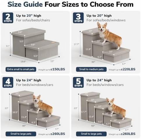 2-Step Wide Dog Stairs with Storage 11" H, Non-Slip Sturdy Pet Steps for Couch Chair, Dog Steps for Small/Medium Old Dogs, Cats, Rabbits Up to 150lbs, Foldable Cat Puppy Stairs for Car, Grey - Image 2