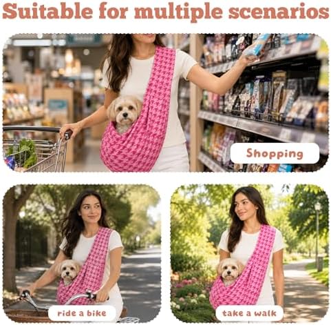 Dog Sling Carrier for Small Dogs and Cats 5–16 lbs, Puppy Carrier Sling with Safety Hook and Storage Pocket, Hands Free Pet Carrier Purse for Travel, Walking, Shopping (Pink Houndstooth) - Image 3