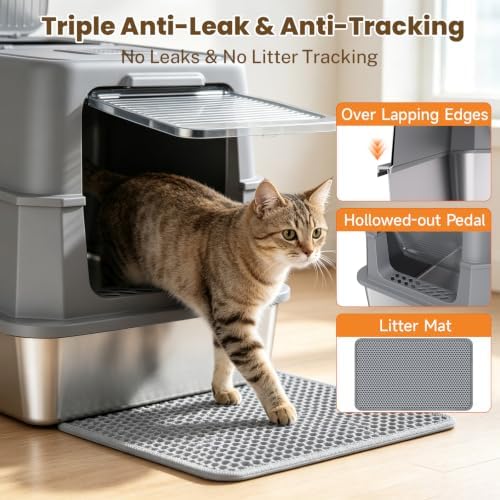 Enclosed Stainless Steel Litter Box, XL Covered MetalPan Includes Mat Scoop - Image 6