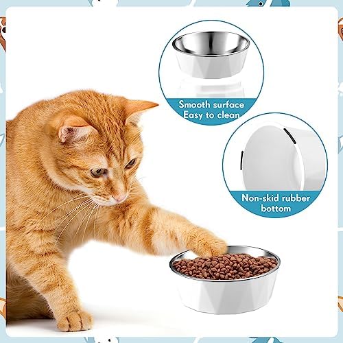 Lallisa 2 Pcs Elevated Cat Bowls Adjustable Raised Cat Feeder Non Slip Food Water with Stand Safe Stainless Steel Bowls with Pet Food Stand for Pets Feeding Eating(White) - Image 5