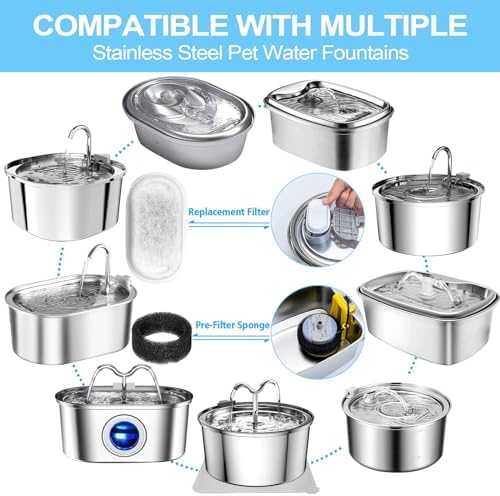 Cat Water Fountain Filter for Stainless Steel 108oz/3.2L& 67oz/2L Automatic Pet Water Dispenser Fountain Replacement Filter with Sponges (8 Filters & 8 Sponges) - Image 2