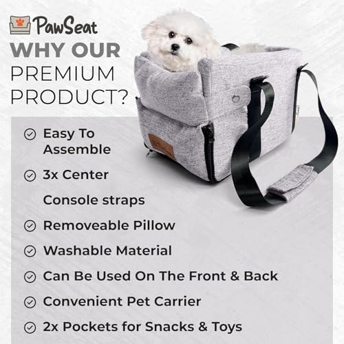 Center Console Dog Car Seat for Small Dogs and Puppies 5-13Lbs, Ideal Armrest Booster Car Travel Seat with Safety Protection Seat Belts, Storage Pockets - Reduces Anxiety (Woven - Grey) - Image 5