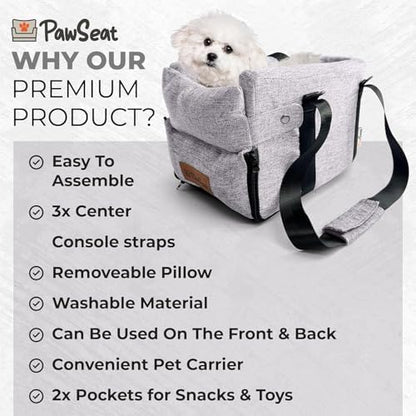 Center Console Dog Car Seat for Small Dogs and Puppies 5-13Lbs, Ideal Armrest Booster Car Travel Seat with Safety Protection Seat Belts, Storage Pockets - Reduces Anxiety (Woven - Grey) - Image 5