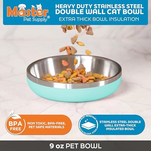 Master Pet Supply Stainless Steel Cat Bowls 9 oz Heavy Duty Aqua Sky - Image 2