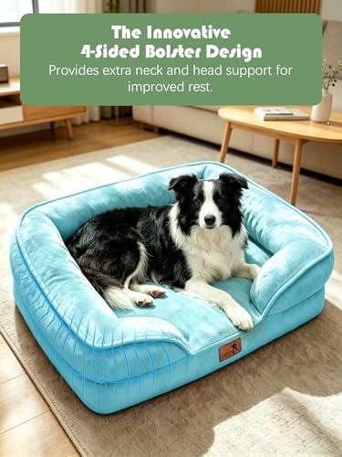 Spotted Play Orthopedic Dog Bed with Sides - Sofa Beds for Large Dogs, Supportive Foam Pet Couch Bed with Washable Removable Cover, Waterproof Lining and Non-Slip Bottom, Ice Blue - L - Image 5