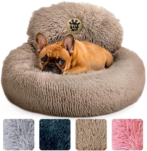 PetJett Calming Dog Beds for Small Dogs – 23" Donut Dog Beds, Anti-Slip & Washable Puppy Bed - Fluffy Plush Faux Fur Pet Bed, Anti-Anxiety Premium Comfort Round Pillow, Fits Dogs up to 25 lbs – Beige by PETJETT