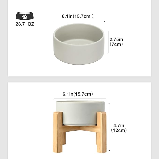 SPUNKYJUNKY Ceramic Elevated Dog Bowls 2 Pack - 6.1inch Raised Dog Bowls with Non-Slip Wooden Stand for Medium Dogs Dishwasher Safe(Grey,28.7OZ*2)