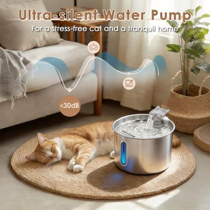Stainless Steel Cat Water Fountain, 74oz/2.2L Automatic Pet Water Dispenser with 3 Filters & 2 Water Outlets, Quiet Indoor Drinking Fountain for Cats Small Dogs, Water Level Window - Image 4