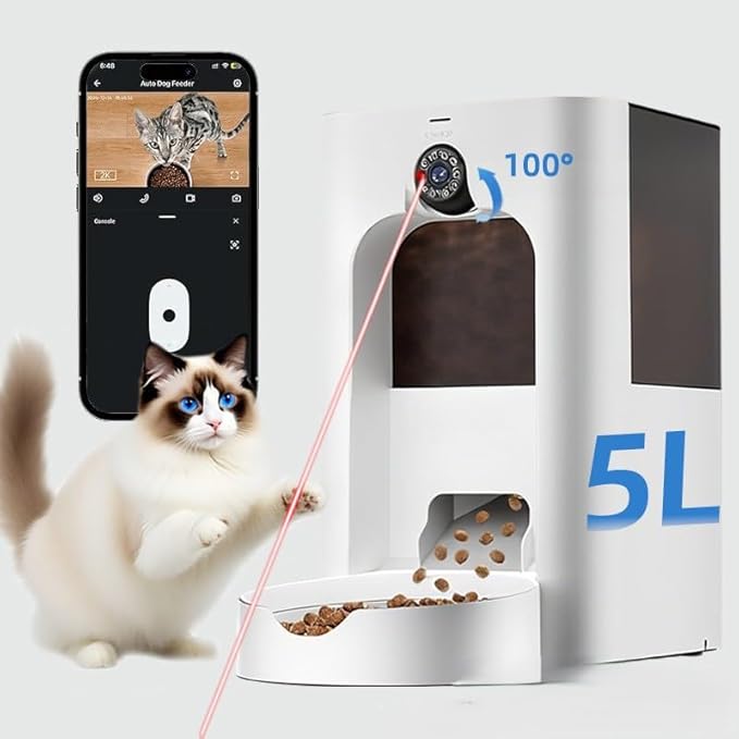 Automatic Smart Feeder with Laser Toy & Pet Camera - WiFi Cat Feeder & Dog Feeder with 2-Way Audio, Night Vision, App Control, Voice Recording, Portion Control, Easy Clean - for Cats & Dogs