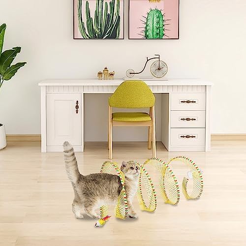 Andiker Spiral Tunnel for Cats, 21.45” Collapsible Cat Tunnel with Feather Toy and Plush Mouse Interactive Cat Toys for Indoor Cats to Relieve Boredom for Kitten (Yellow) - Image 4
