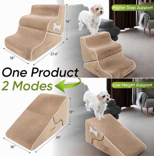 Dog Stairs for Bed & Couch – 2-in-1 Foldable Dog Stairs and Ramp (Beige) - Image 3