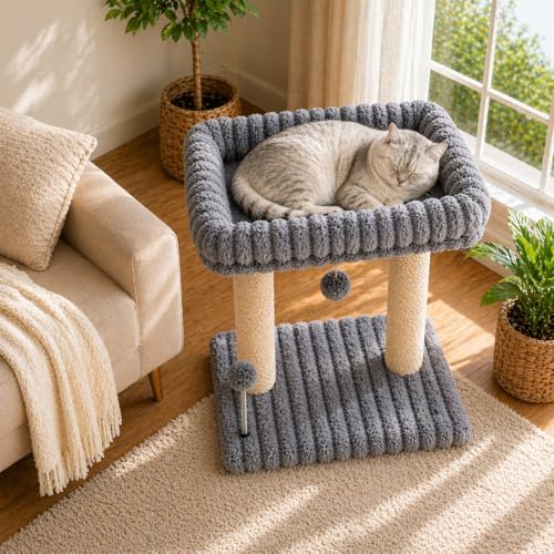 Small Cat Tree with Bed and Scratching Post for Indoor Cats｜Grey - Image 2