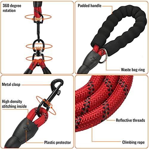 Double Dog Leash Reflective Detachable Coupler &360° Swivel Tangle Free, Heavy Duty Rope Leash Control with Padded Handle for Dual Large Medium Dogs Walking Running Training (Red) - Image 3