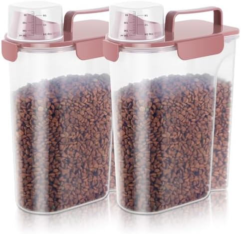 LEAWALK 5Lbs Airtight Pet Storage Container For Cat Dog Bird Food and Keep Fresh, Translucent Body, Upgraded Large Nozzle for Easy Pouring With Handle Design Easy to Carry When Going Rose pink 2pack by LEAWALK