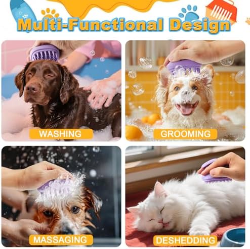 2-in-1 Dog Bath Brush for Grooming & Massage - Pet Silicone Brush for Long & Short Haired Dogs and Cats, Dog Scrubber for Bath, Rubber Curry Brush, Use Wet as Bath Brush or Dry for Grooming-Purple - Image 4