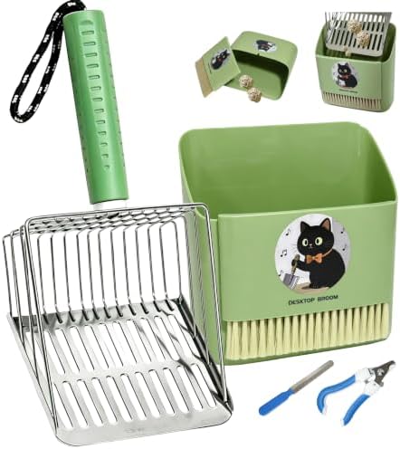 5 in 1 Stainless Steel Cat Litter Scoop with Holder,Litter Cleaner Corner Scoop Sand Sifter,Easy to Clean Cat Little Box, Sifting Litter Scoop Shovel for Reptile Terrarium Sand Waste (Green) by SUMHEN