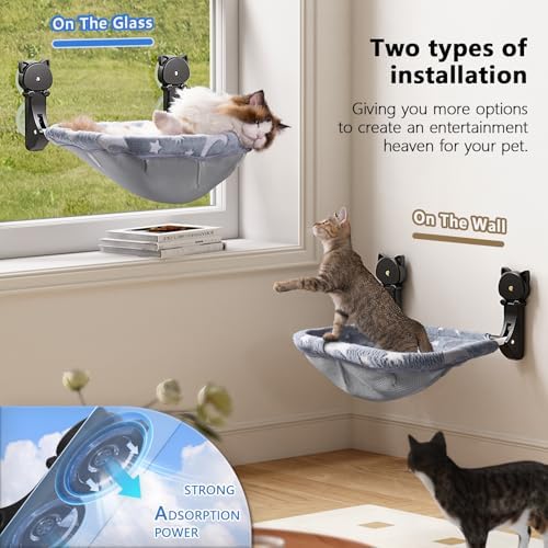 JUNSPOW Cat Window Perch Cordless, Glow in The Dark & Stable Cat Beds- Breathable Window Hammock for Overlooking, Sunbathing and Climbing - Maximum Hold Up to 40lb(Grey) - Image 4