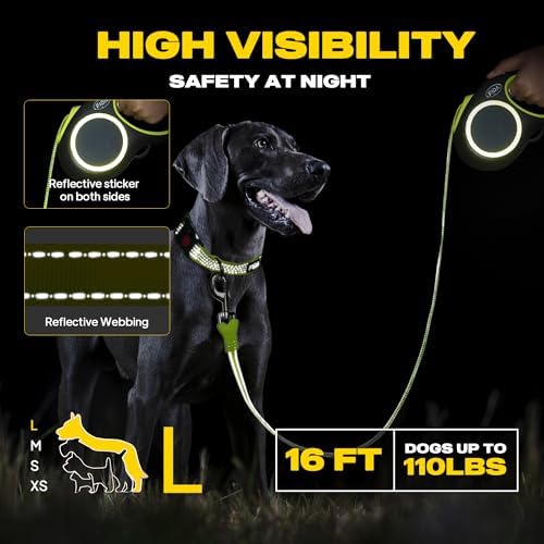 Fida Retractable Dog Leash, Reflective 16ft Heavy Duty Pet Walking Leash for Medium/Large Dog up to 110 lbs, Tangle Free. One-Hand Brake (Large, Neon Yellow) - Image 2