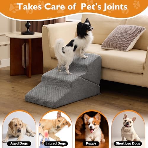 Ahpmeoa Dog Stairs for Small Dogs 16’’ H, 3-Step Dog Steps for Bed, Grey - Image 5