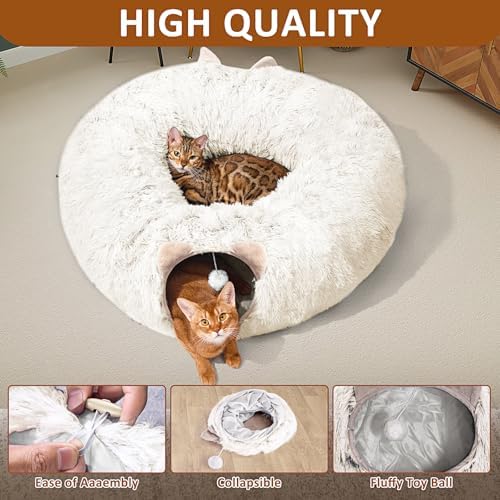 Cat Tunnel with Cat Bed for Indoor Cats, Soft Plush Peekaboo Cat Cave Donut Tunnel, Multifunctional Playground Toys Hideplace for Small Medium Large Kittens, Rabbit, Ferret (Cream White) - Image 6