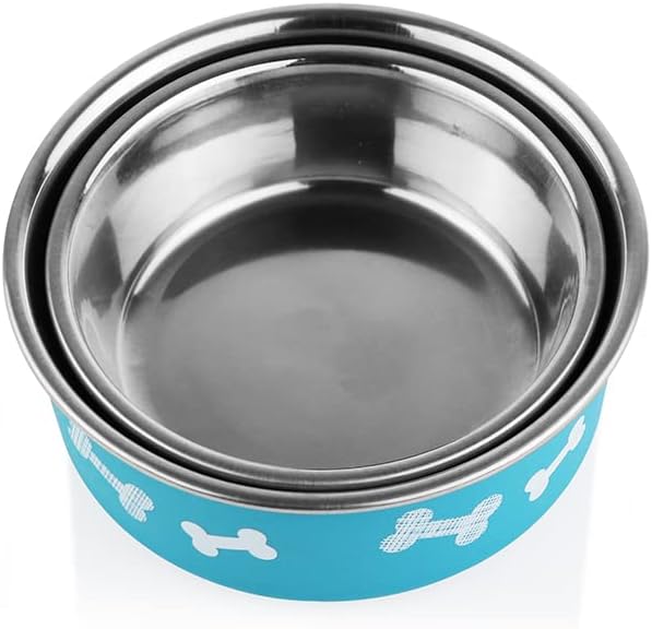 Printed Teal Blue Stainless Steel Dog Bowl with Anti-Skid Base, 15.89 oz | Food & Water Bowl for Small Dogs, Puppies & Cats, Durable Metal Pet Bowl