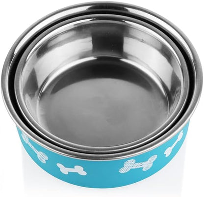 Printed Teal Blue Stainless Steel Dog Bowl with Anti-Skid Base, 15.89 oz | Food & Water Bowl for Small Dogs, Puppies & Cats, Durable Metal Pet Bowl