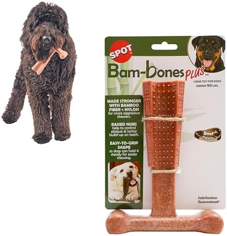 SPOT Bam-Bones Plus T Bone - Bamboo Fiber & Nylon Dog Chew Toy for Moderate to Aggressive Chewers, Non-Splintering, Long-Lasting, 7in Beef Flavor, for Adult Dogs & Teething Puppies Under 90lbs by SPOT