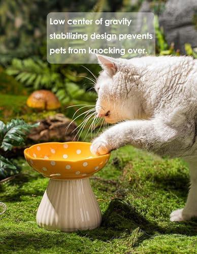 Mushroom Cat Bowl, Raised Ceramic Cat Food Dish for Whisker Fatigue, Forest Style Pet Water Bowl, Elevated Tilted Neck Protection Feeder for Indoor Cats & Small Dogs (Red & Yellow) - Image 7