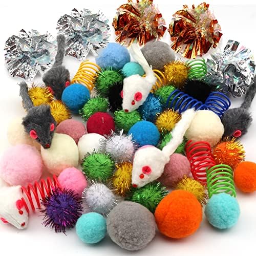 QUOZUO 60 Packs Cat Toys Balls Set Spiral Springs Assorted, Kitten Sparkle Ball, Mouse Toys, Cat Crinkle Balls Springs, Soft Pom Pom Balls by QUOZUO