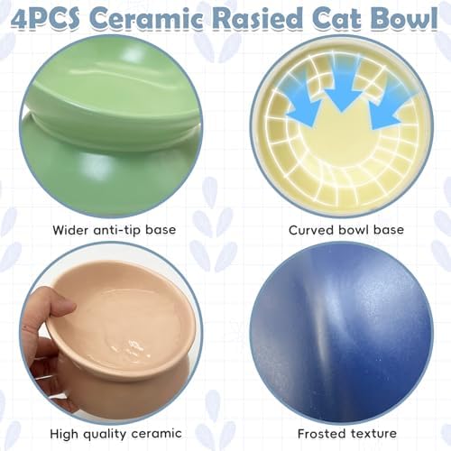 kathson 4 Pcs Ceramic Raised Cat Bowls, Elevated Tilted Cat Food Bowl, Anti Vomiting Pet Food Bowl, Colorful Porcelain Pet Feeder Dish for Cats and Small Dogs,Stress Free, Whisker Fatigue - Image 4