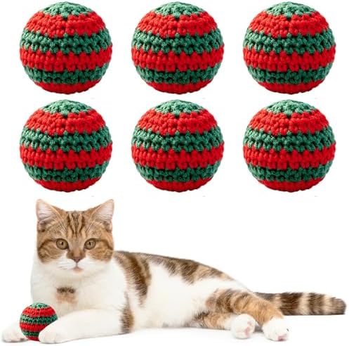 Christmas Cats Ball Toy with Bell Inside, 6Pcs Hand-Made Knitted Woolen Yarn Cat Toys Jingle Bell Balls, Indoor Kitten Interactive Toys for Hunting/Kicking/Chasing Woolen by Petisourfriend