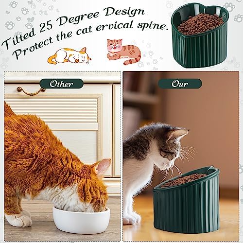 Mumufy 2 Pcs Ceramic Elevated Cat Bowls Tilted Elevated Raised Pet Bowls Anti Vomit Cat Dish for Indoor Stress Free Water Dish Feeder for Puppies, Heart Shaped(Peacock Green) - Image 3