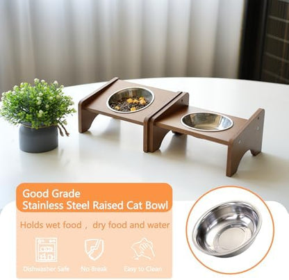 Elevated Stainless Steel Raised Food and Water Bowls, 15 Tilted Anti Vomiting, Dishwasher Safe, Non-Slip, Suitable for Cats and Puppies (Brown) - 2 Pack - Image 7
